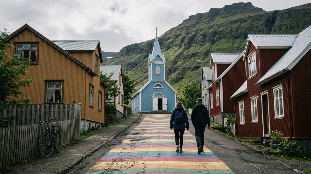 The blue wooden church at the top of the rainbow-painted street in the town centre, the first stop on walking Seydisfjordur tours in East Iceland