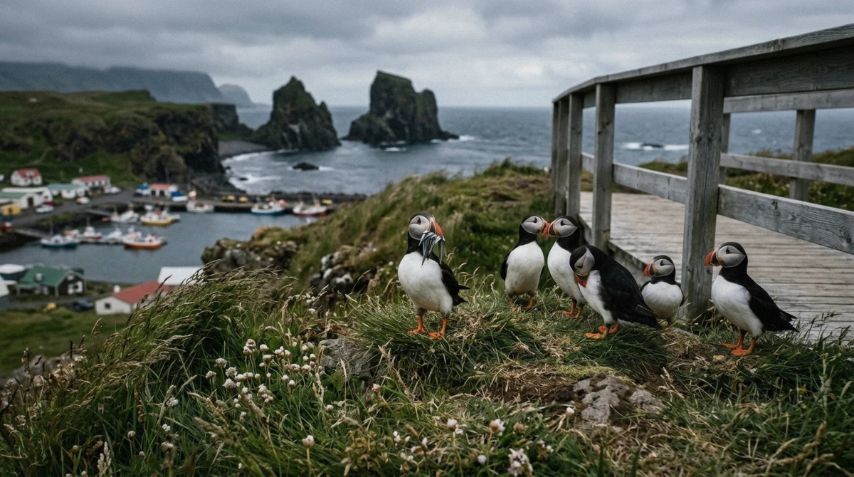 Puffins standing on the grassy clifftop beside the wooden boardwalk railing at Hafnarholmi in Borgarfjordur Eystri