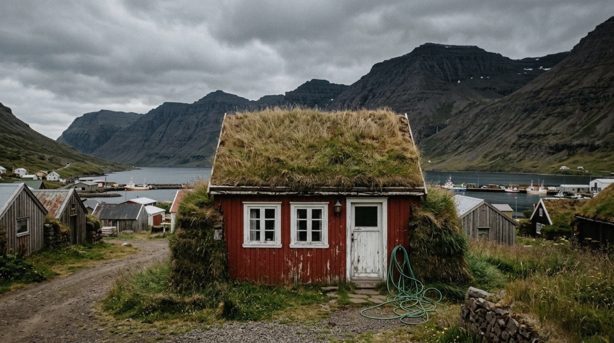 Lindarbakki, the red turf house with grass roof and walls in Borgarfjordur Eystri village in East Iceland