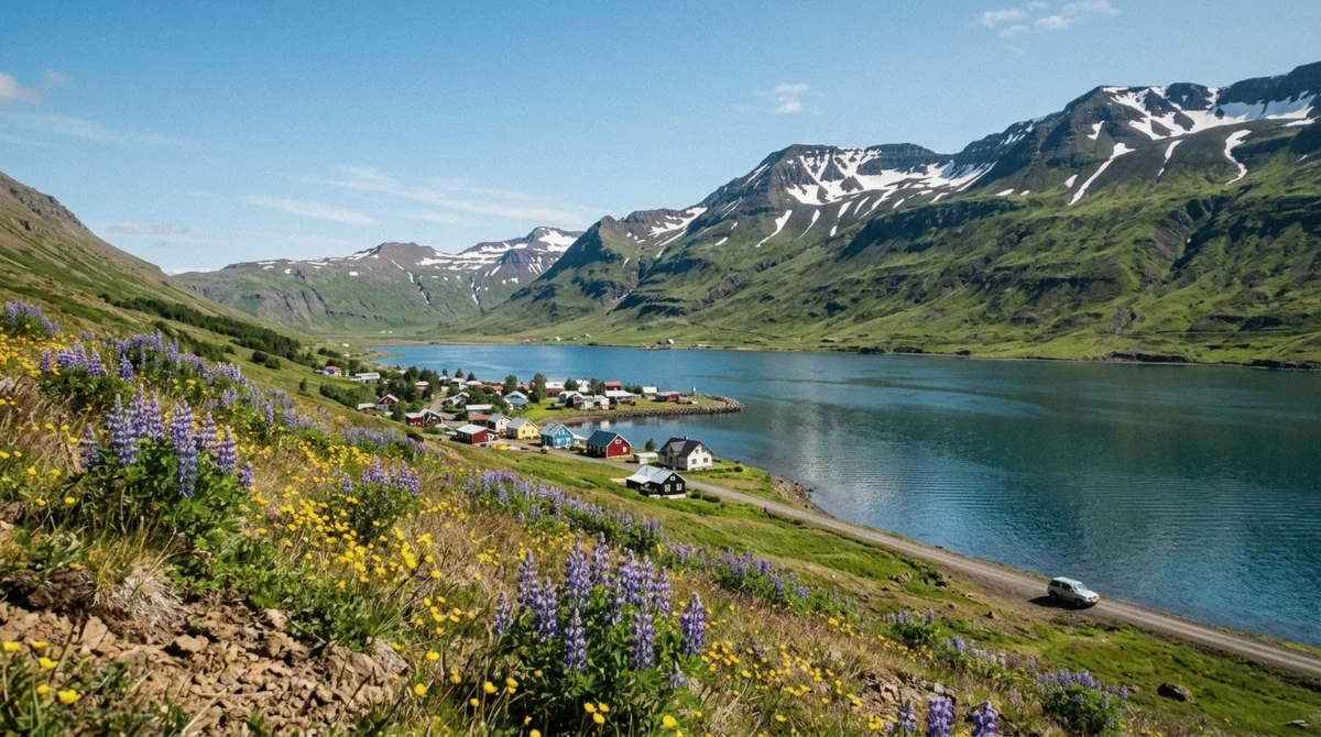 A sunlit East Iceland fjord in summer with lupins on the slope and painted houses along the shore below