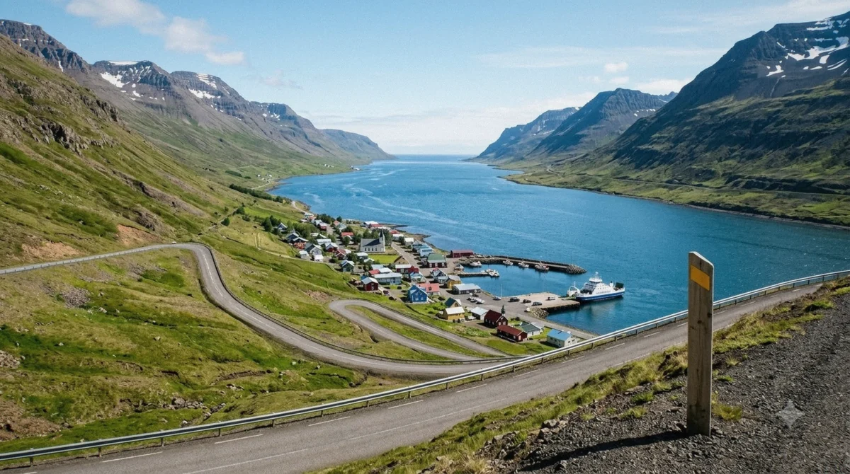 The mountain road descending in switchbacks into the Seydisfjordur fjord with the town and a ferry berthed below