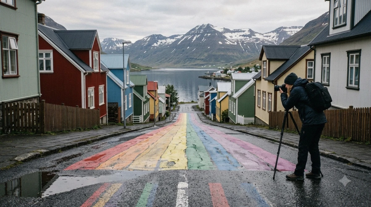 The rainbow-painted street running up to the blue church between timber houses, the walk most visitors take before their Seydisfjordur tours leave the pier