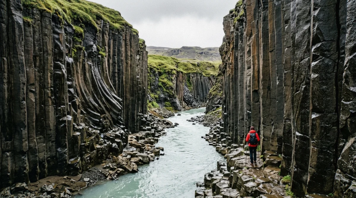 Twisted basalt columns above the turquoise glacial river at Studlagil Canyon, the destination of the private tour from Seydisfjordur