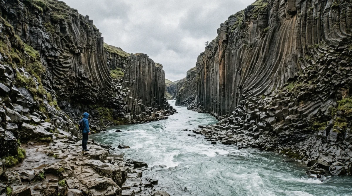 Curved basalt columns rising on both banks of the glacial river at Studlagil Canyon in East Iceland, seen from the east-side path