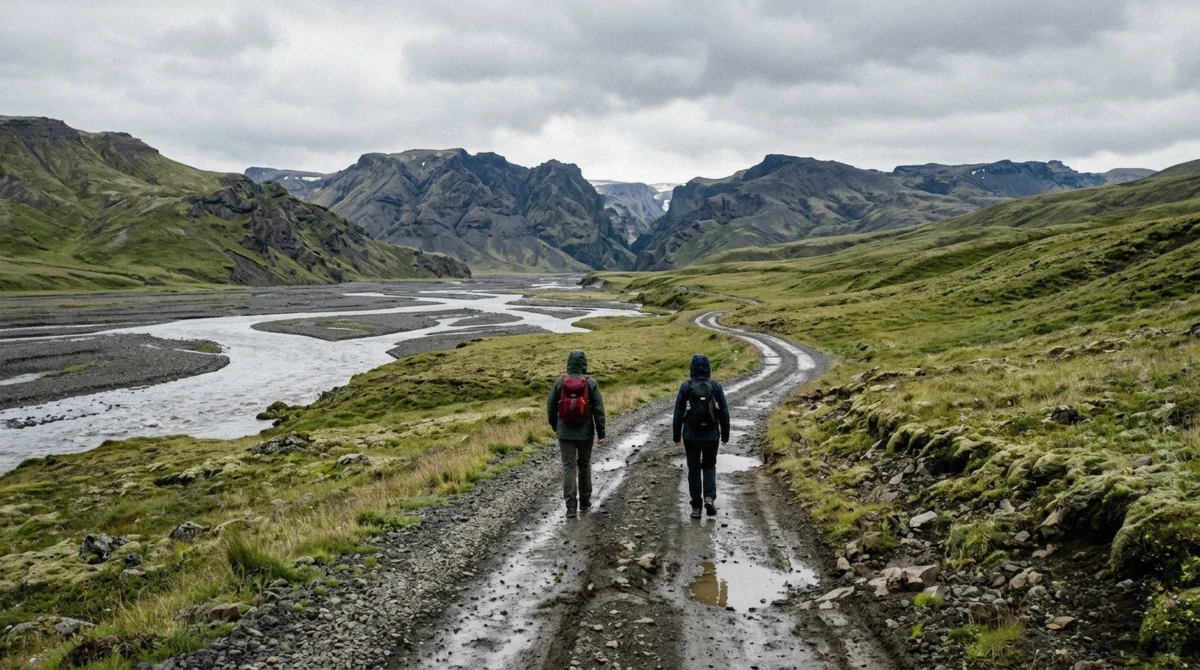 The flat gravel track running along the river towards Studlagil Canyon on the east side, with two walkers in rain shells