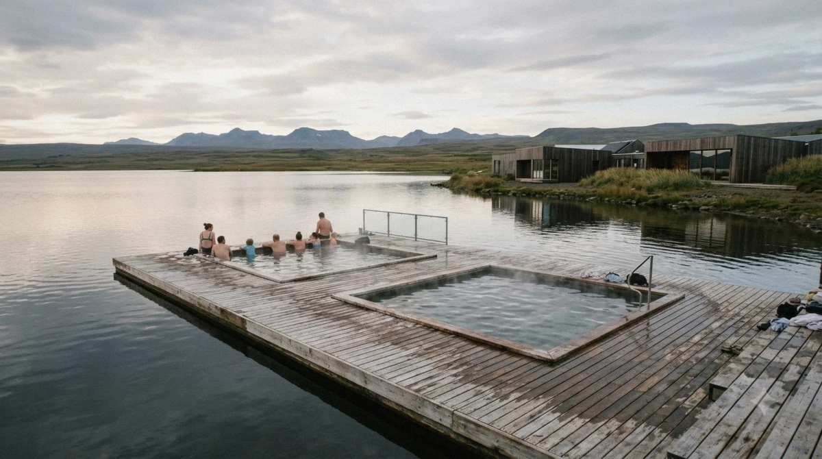 Bathers in the warm geothermal pools at Vok Baths with steam rising off Lake Urridavatn in the evening light